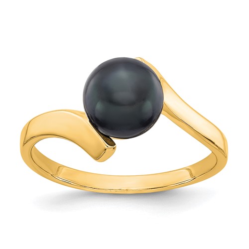 14K 7mm Yellow Gold Black Freshwater Cultured Pearl Bypass Ring