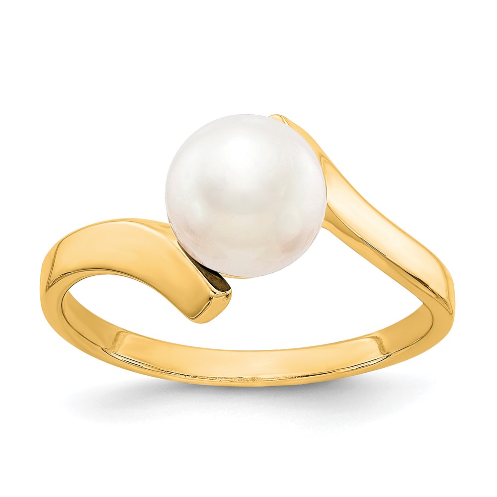 14K 7mm Yellow Gold White Freshwater Cultured Pearl Bypass Ring