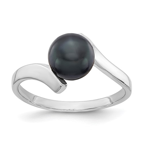 14K White Gold 7mm Black Freshwater Cultured Pearl Bypass Ring