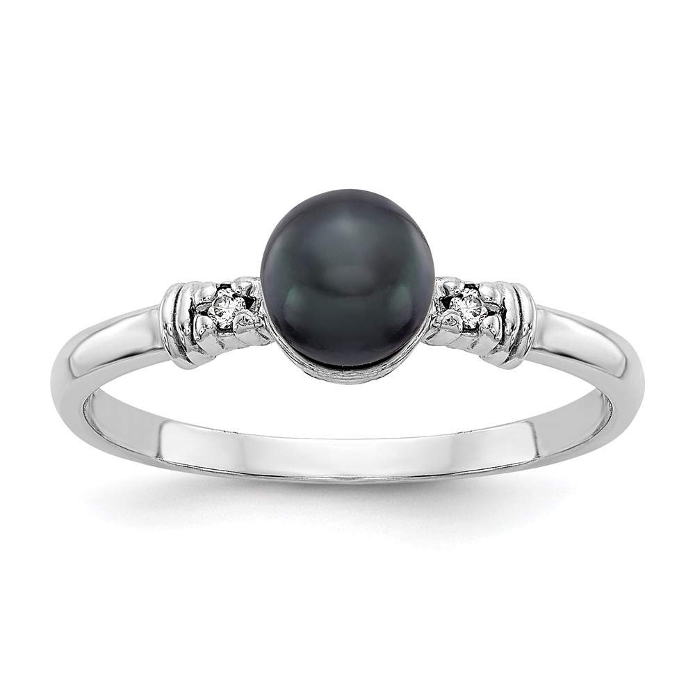 14K White Gold 5mm Black Freshwater Cultured Pearl and AA Diamond Ring