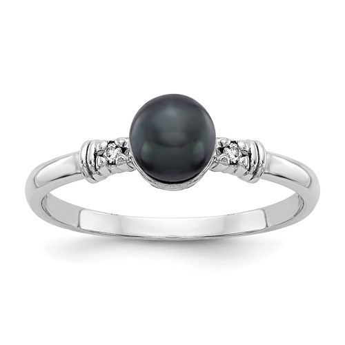 14K White Gold 5mm Black Freshwater Cultured Pearl and AA Diamond Ring