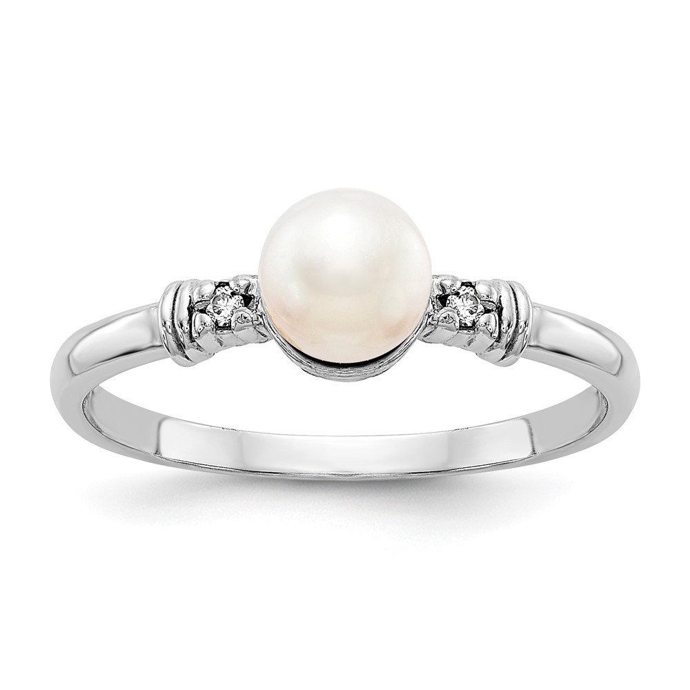 14K White Gold 5mm White Freshwater Cultured Pearl and AA Diamond Ring