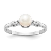 14K White Gold 5mm White Freshwater Cultured Pearl and AA Diamond Ring view 1