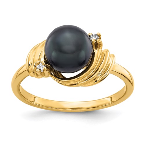 14K 7mm Yellow Gold Black Freshwater Cultured Pearl and VS Diamond Ring