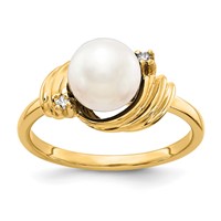 14K 7mm Yellow Gold White Freshwater Cultured Pearl and AA Diamond Ring view 1