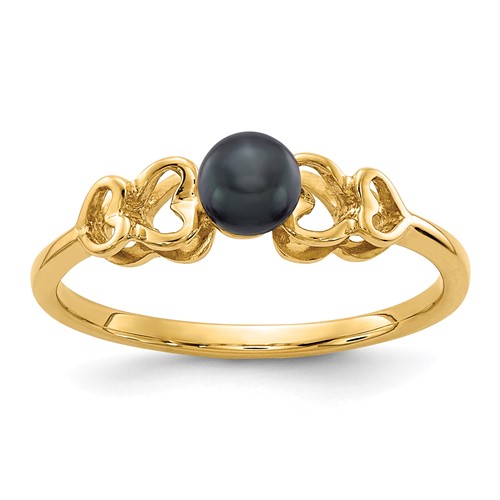 14K 4mm Yellow Gold Black Freshwater Cultured Pearl Heart Ring