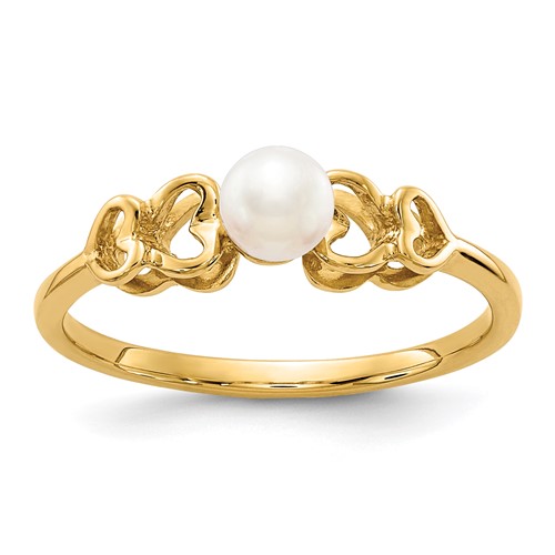 14K 4mm Yellow Gold White Freshwater Cultured Pearl Heart Ring