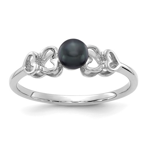 14K White Gold 4mm Black Freshwater Cultured Pearl Heart Ring
