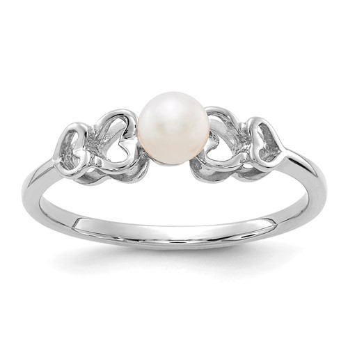 14K White Gold 4mm White Freshwater Cultured Pearl Heart Ring