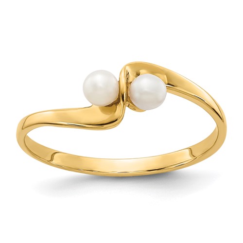 14K 3mm Yellow Gold White Freshwater Cultured Two-Pearl Ring