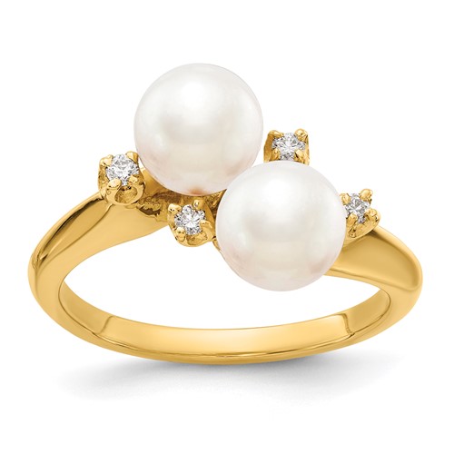 14K 6mm Yellow Gold White Freshwater Cultured Two-Pearl and 1/20 Carat AA Diamond Ring