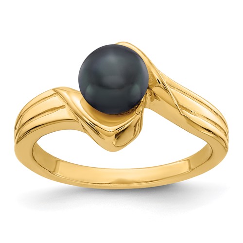 14K 6mm Yellow Gold Black Freshwater Cultured Pearl Bypass Ring