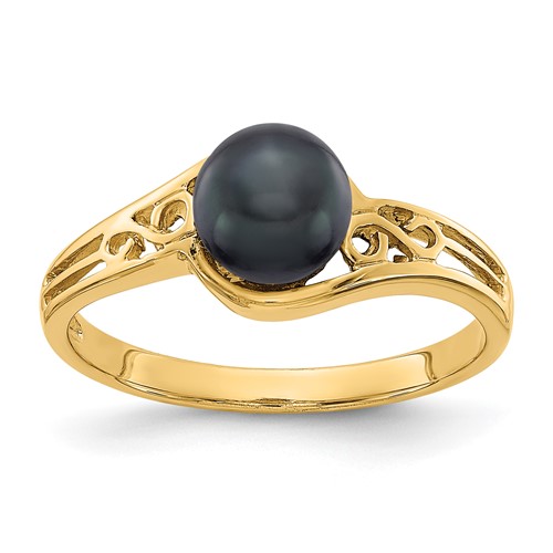 14K 6mm Yellow Gold Black Freshwater Cultured Pearl Filigree Ring