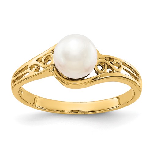 14K 6mm Yellow Gold White Freshwater Cultured Pearl Filigree Ring