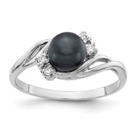 14K White Gold 6mm Black Freshwater Cultured Pearl and 0.05 Carat AA Diamond Ring view 1