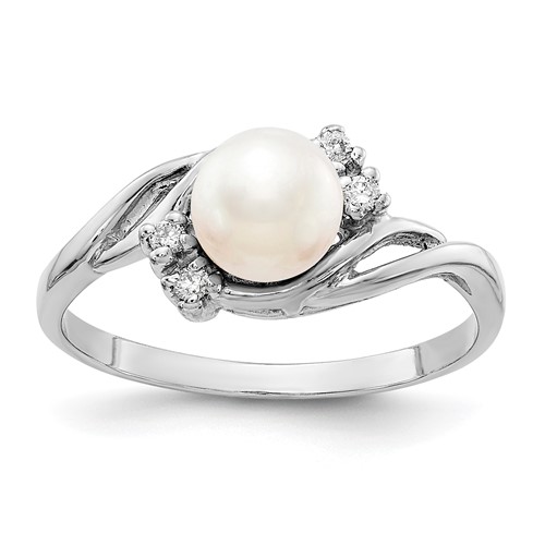 14K White Gold 6mm White Freshwater Cultured Pearl and 1/20 Carat AA Diamond Ring