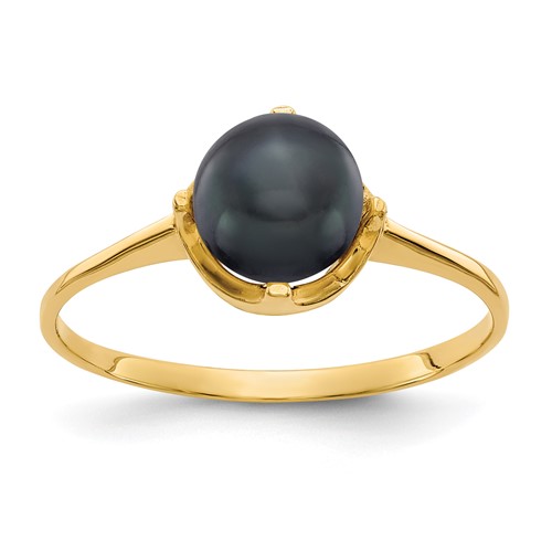 14K 6.5mm Yellow Gold Black Freshwater Cultured Pearl Ring