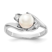 14K White Gold 6mm White Freshwater Cultured Pearl and 0.07 Carat AA Diamond Ring view 1