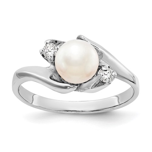14K White Gold 6mm White Freshwater Cultured Pearl and 1/15 Carat AA Diamond Ring