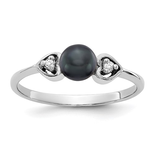 14K White Gold 4.5mm Black Freshwater Cultured Pearl and AA Diamond Ring