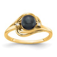 14K 5.5mm Yellow Gold Black Freshwater Cultured Pearl and VS Diamond Ring view 1