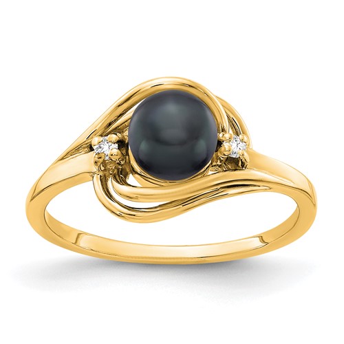 14K 5.5mm Yellow Gold Black Freshwater Cultured Pearl and VS Diamond Ring