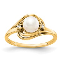 14K 5.5mm Yellow Gold White Freshwater Cultured Pearl and AA Diamond Ring view 1