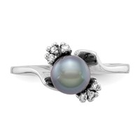 14K White Gold 6mm Black Freshwater Cultured Pearl and 0.07 Carat VS Diamond Ring view 4
