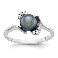 14K White Gold 6mm Black Freshwater Cultured Pearl and 0.07 Carat VS Diamond Ring view 1