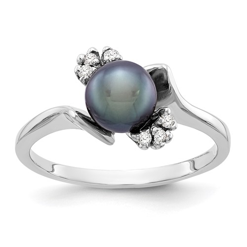 14K White Gold 6mm Black Freshwater Cultured Pearl and 0.07 Carat AA Diamond Ring