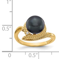 14K 8.5mm Yellow Gold Black Freshwater Cultured Pearl and VS Diamond Ring view 2