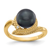 14K 8.5mm Yellow Gold Black Freshwater Cultured Pearl and VS Diamond Ring view 1