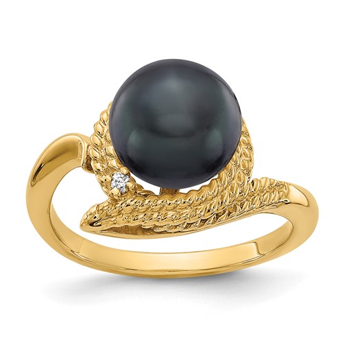 14K 8.5mm Yellow Gold Black Freshwater Cultured Pearl and VS Diamond Ring