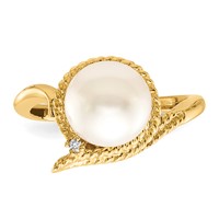14K 8.5mm Yellow Gold White Freshwater Cultured Pearl and Aaa Diamond Ring view 4