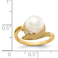 14K 8.5mm Yellow Gold White Freshwater Cultured Pearl and Aaa Diamond Ring view 5