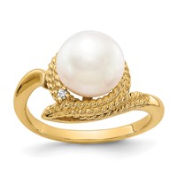 14K 8.5mm Yellow Gold White Freshwater Cultured Pearl and Aaa Diamond Ring view 1