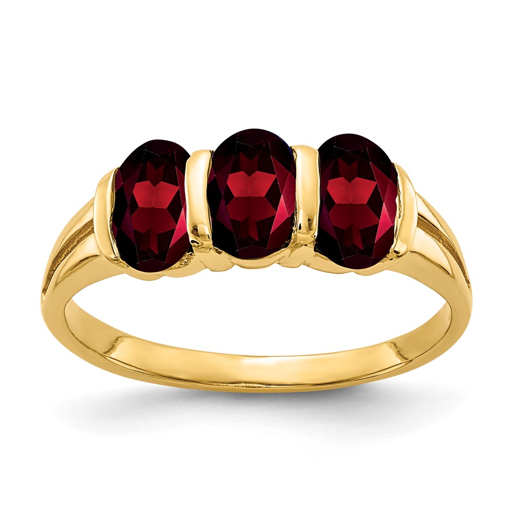 14K Yellow Gold 6x4mm Oval Garnet 3-Stone Ring
