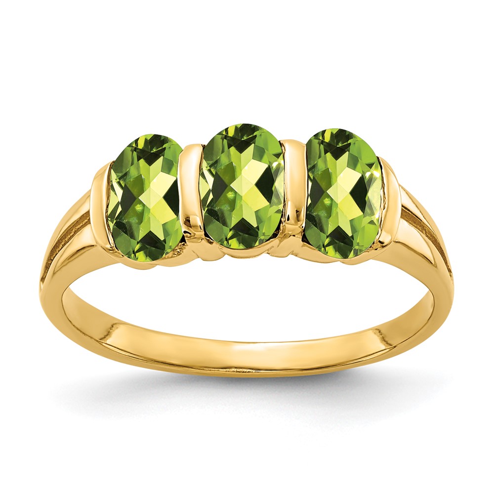 14K Yellow Gold 6x4mm Oval Peridot 3-Stone Ring