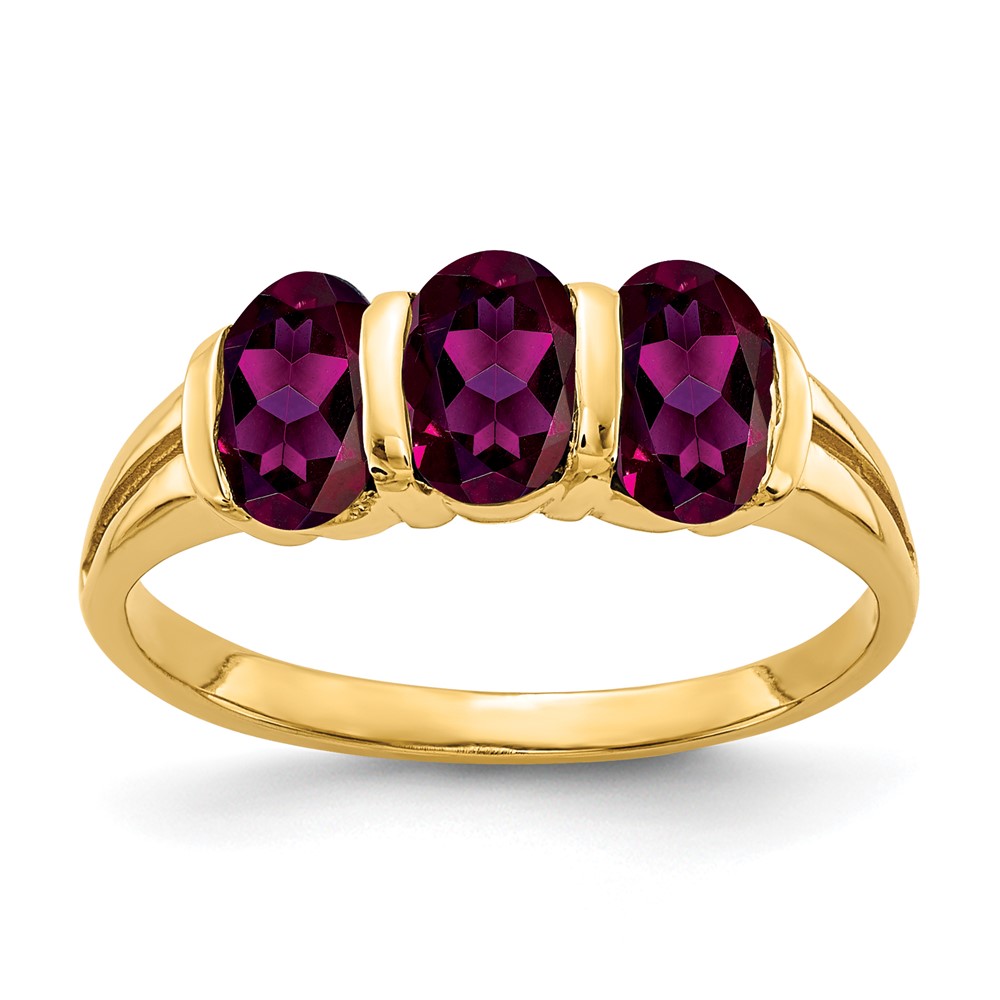 14K Yellow Gold 6x 4mm Oval Rhodolite Garnet 3-Stone Ring