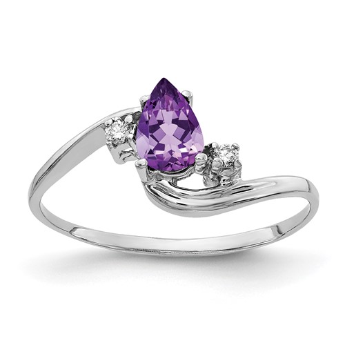 14K White Gold 6x 4mm Pear Amethyst and AA Diamond Bypass Ring