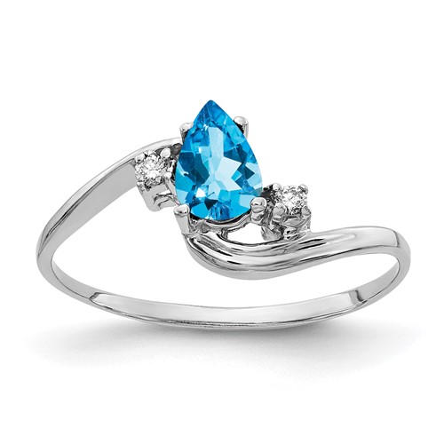 14K White Gold 6x 4mm Pear Blue Topaz and AA Diamond Bypass Ring