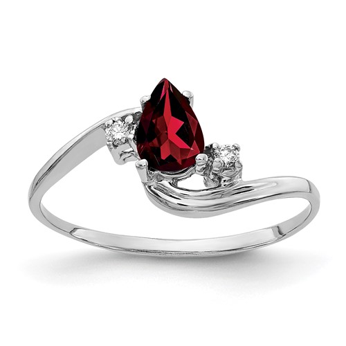 14K White Gold 6x 4mm Pear Garnet and a Diamond Bypass Ring