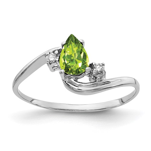 14K White Gold 6x 4mm Pear Peridot and AA Diamond Bypass Ring