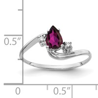 14K White Gold 6x 4mm Pear Rhodolite Garnet and AA Diamond Bypass Ring view 2