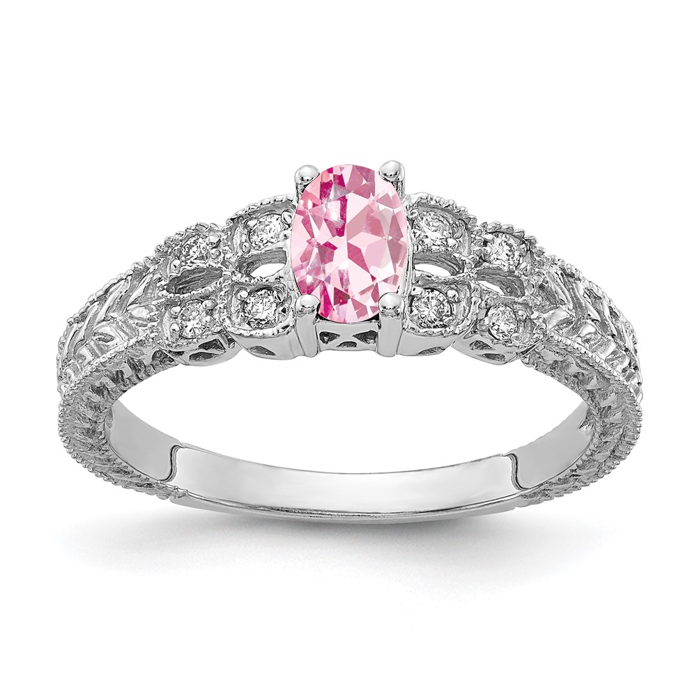 14K White Gold 6x 4mm Oval Pink Tourmaline and 0.10 Carat Aaa Diamond Ring
