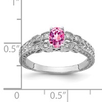 14K White Gold 6x 4mm Oval Pink Sapphire and 0.10 Carat Aaa Diamond Ring view 2