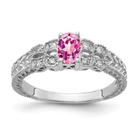 14K White Gold 6x 4mm Oval Pink Sapphire and 0.10 Carat Aaa Diamond Ring view 1