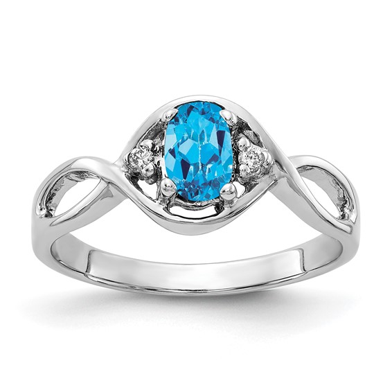 14k White Gold 6x4mm Oval Blue Topaz Checker AA Diamond ring