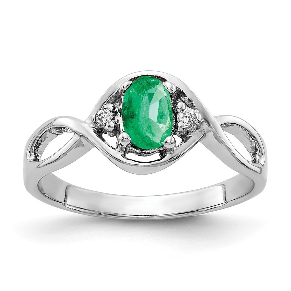 14K White Gold 6x 4mm Oval Emerald and AA Diamond Ring