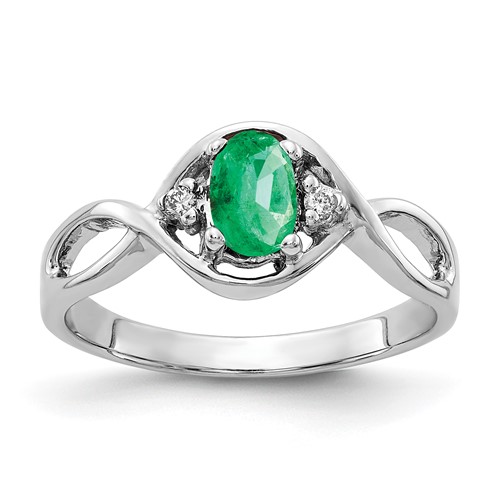 14K White Gold 6x 4mm Oval Emerald and AA Diamond Ring